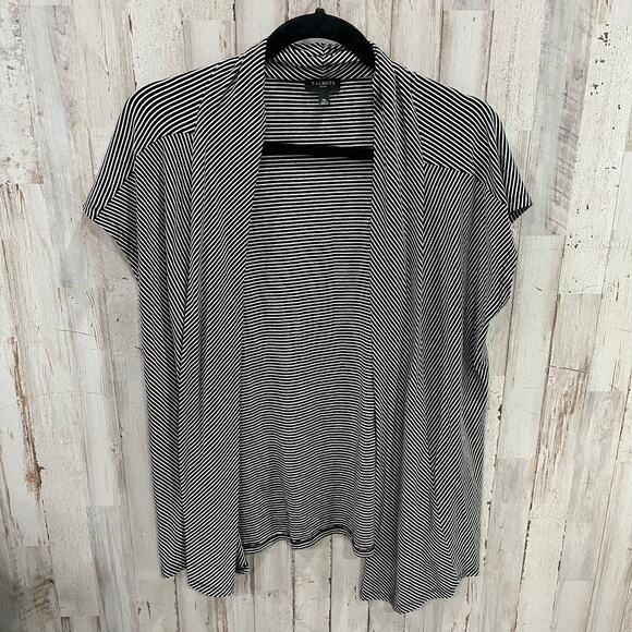 Talbots Black White Stripe Open Front Short Sleeve Cardigan Womens Medium Petite - Picture 1 of 5